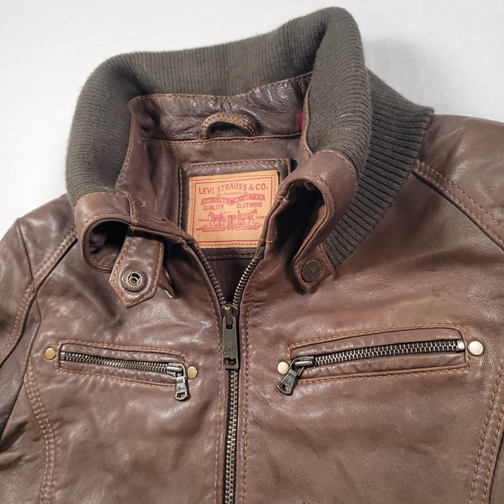 Vintage Levi's Brown Leather Moto Quilted Lined Bomber Jacket Womens Small Y2K